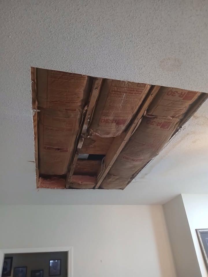 Ceiling opened up showing joists and kraft-faced insulation batts above
