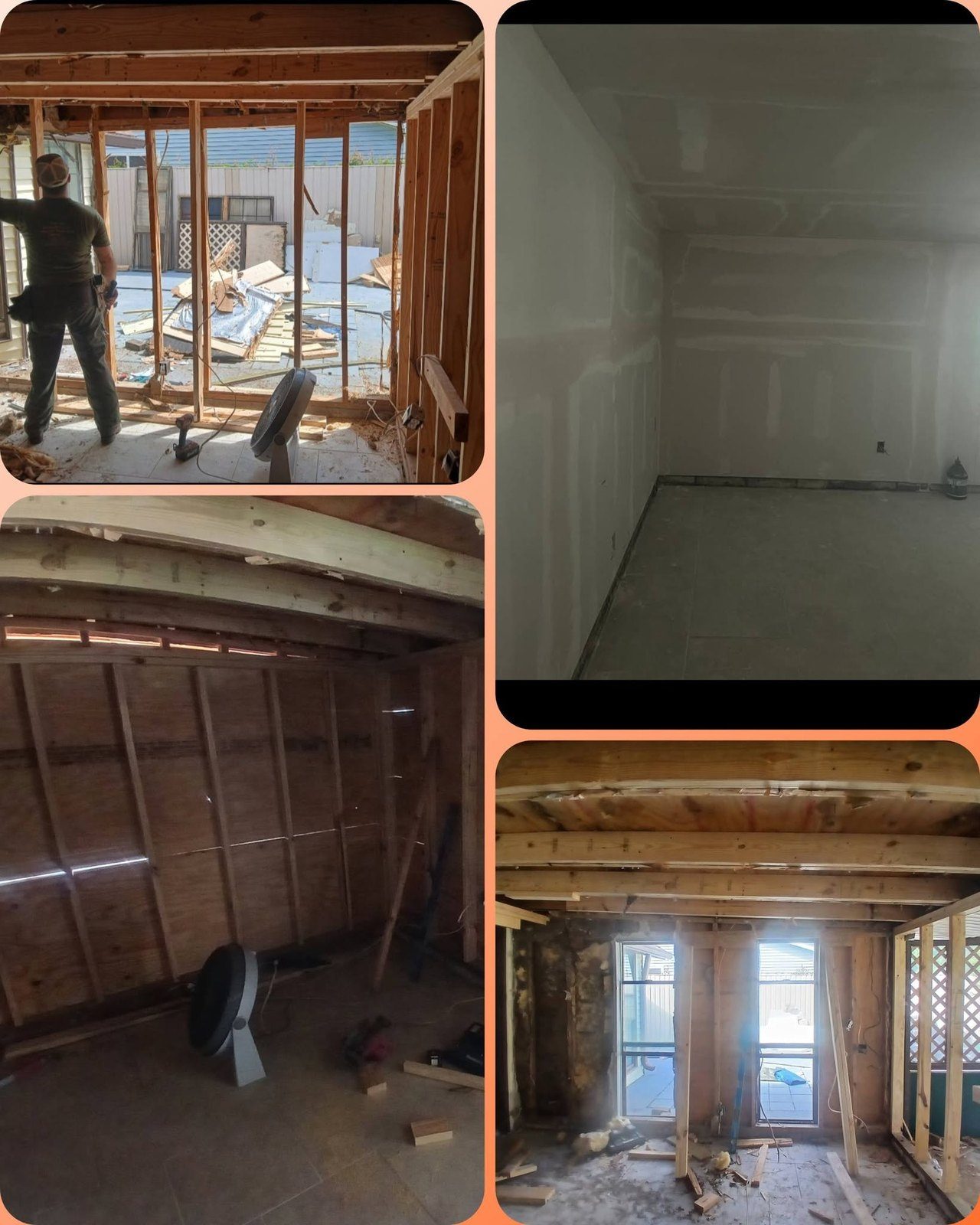 Remodel progress: wall framing and a new opening, through to taped and floated drywall
