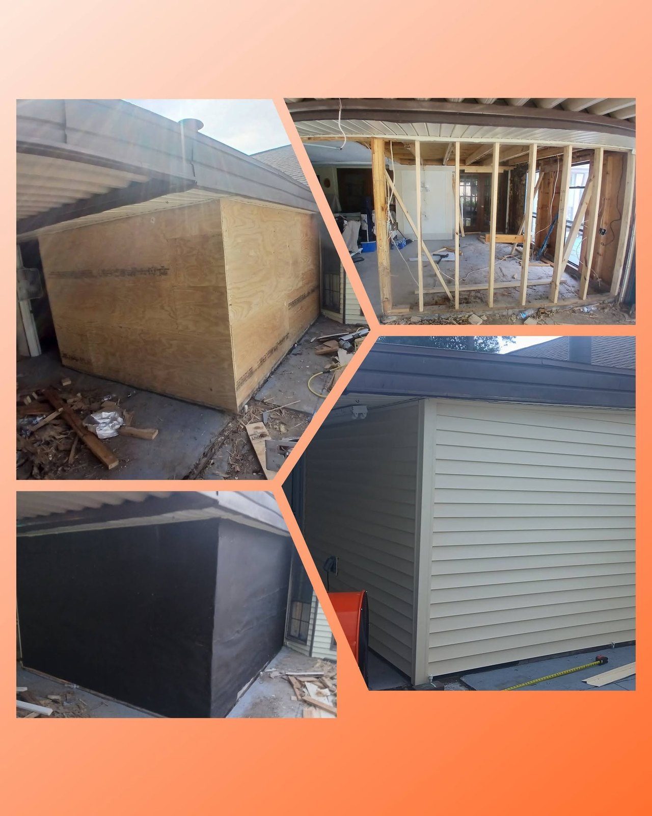 One addition across stages: framing, plywood sheathing, house wrap, then finished vinyl siding